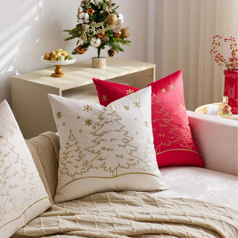Axyaa Christmas Tree Pillow Cover - Silver Gold Snowflake Velvet - Home Decoration - 45x45cm
