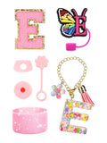 Axyaa Cup Set: Initials Silicone Straw Cap Boot Handle Sticker Charm