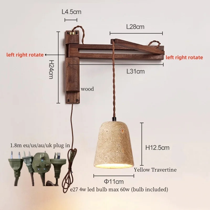 Axyaa Wood Stone LED Wall Lamp with Pull Switch, Stretching and Folding for Home Lighting