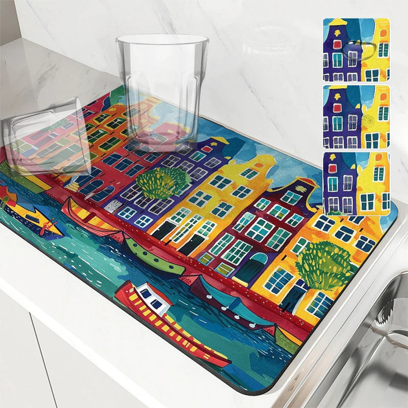 Axyaa Absorbent Kitchen Mat: Amsterdam Boats Design for Quick Drying, Antiskid & Draining