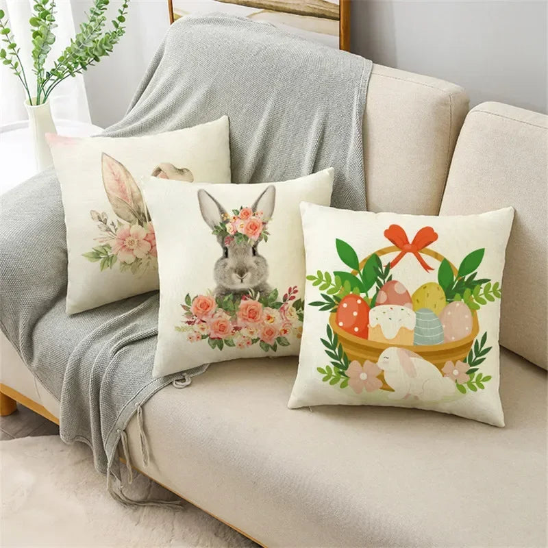 Axyaa Easter Pillowcase with Colored Eggs and Rabbit Print