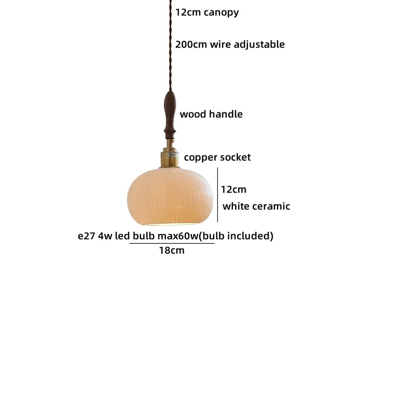 Axyaa Ceramic Pendant Light Wood White LED Lamp for Living Room & Cafe