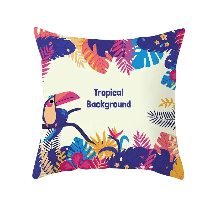 Flamingo Flower Rainforest Cushion Cover with Tropical Plant Animal Pattern by Axyaa