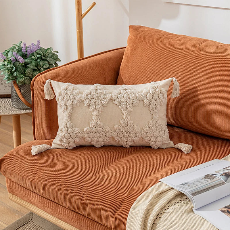 Axyaa Tufted Diamond Pattern Cushion Cover - Nordic Style Beige Yellow Tassel Pillowcase