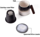 Axyaa Ceramic Tea Mug with Strainer, Lid & Wooden Handle - Unique Gift for Dad