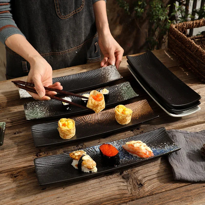 Axya Ceramic Sashimi Plate: Special Long Vintage Sushi Dish