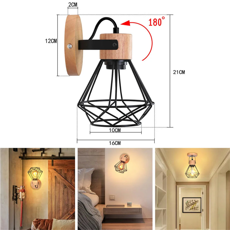 Axyaa Wood Iron Cage Wall Lamp Industrial Retro Sconce for Bedroom Aisle
