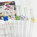 Axyaa Glass Bent Straws Set - Flower Design - Drinkware Set with Cleaning Brush