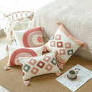 Axyaa Rainbow Tufted Cushion Cover with Tassels - Boho Cotton Canvas Pillow Case