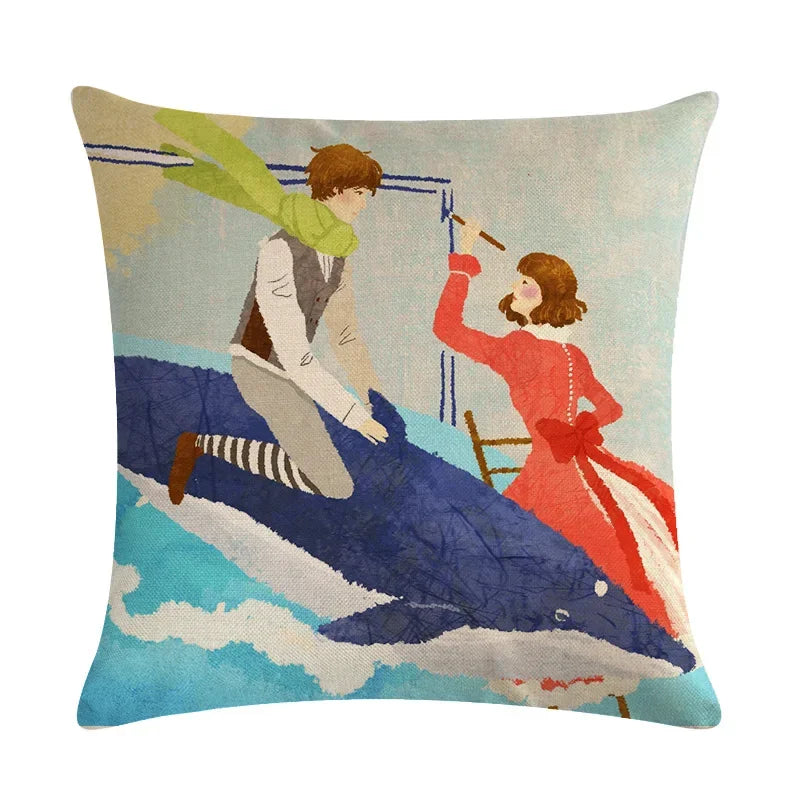 Whale Print Linen Pillowcase for Home and Office Decor by Axyaa
