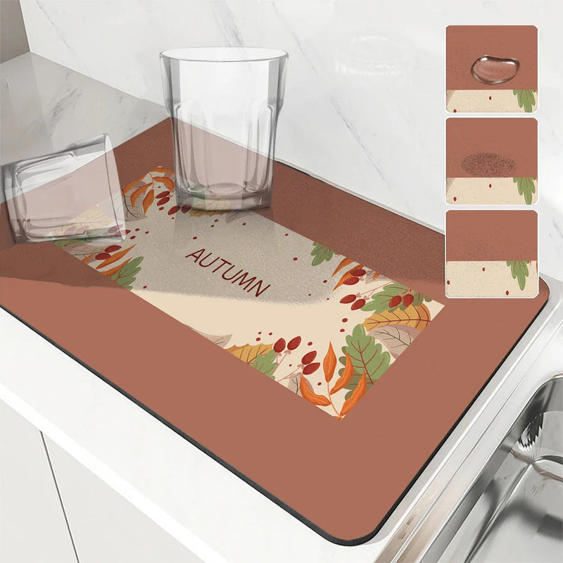 Autumn Harvest Maple Leaves Kitchen Drying Mat by Axyaa
