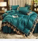 Luxury European Embroidery Four Piece Set by Axyaa - Polished Solid Color & Lace Bed Skirt