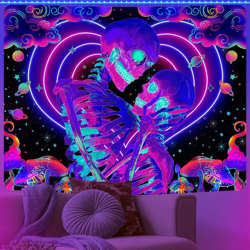 Axyaa Psychedelic UV Wall Tapestry: Skull Mushroom Witchcraft Art - Beautiful Decor