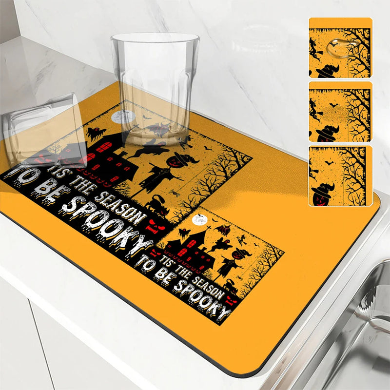 Axyaa Halloween Black Cat Skull Castle Kitchen Drying Mat