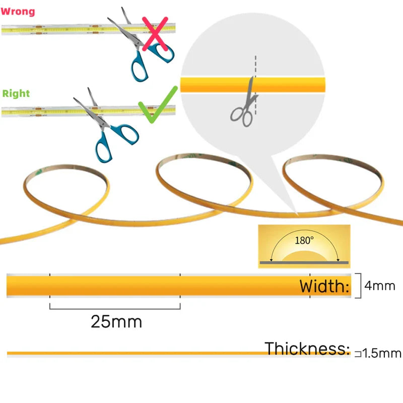 Axyaa 4mm COB LED Strip Lights 480Led/M DC12V TV Backlight Linear Tape Lighting