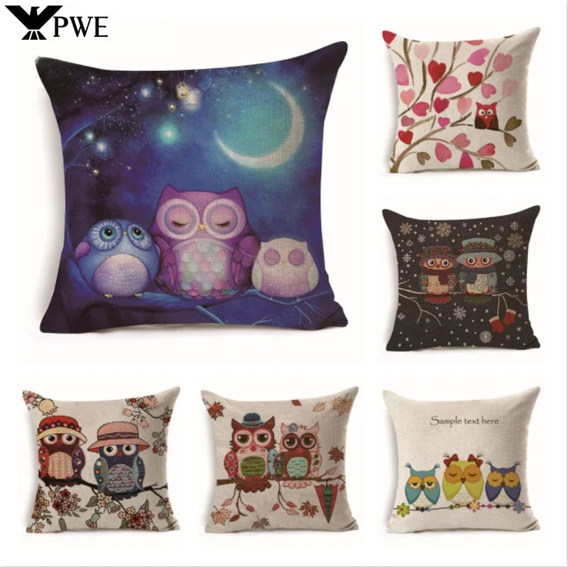 Axyaa Owl Linen Pillowcase: Office Car Sofa Living Room Decor 45x45cm