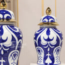 Axyaa Blue White Porcelain Jar Gold Edged Ceramic Vase Dried Flower Arrangement