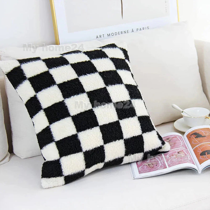Axyaa Checkerboard Plaid Knit Plush Pillow Cover for Car Sofa, 45*45cm, 50*50cm