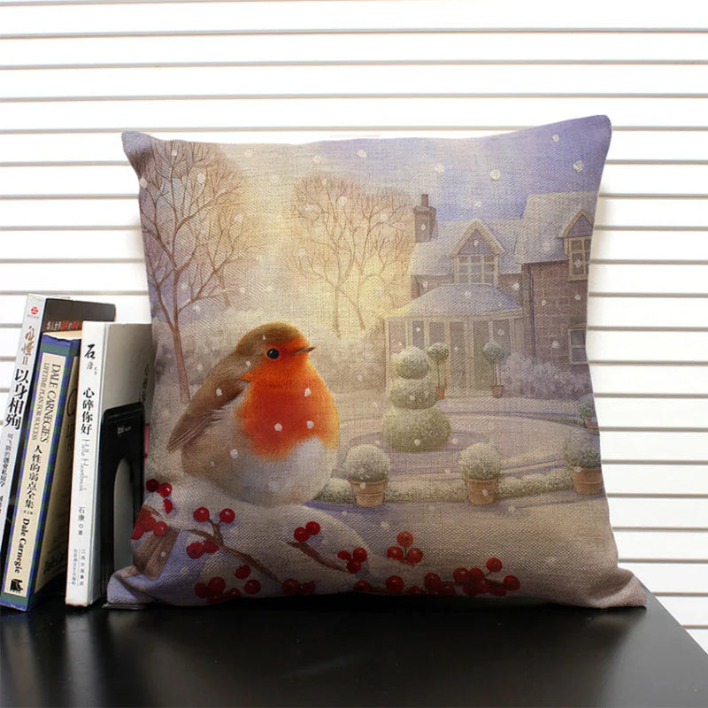Axyaa Christmas Bird Snow Pattern 45x45cm Linen Pillow Case Home Sofa Decoration