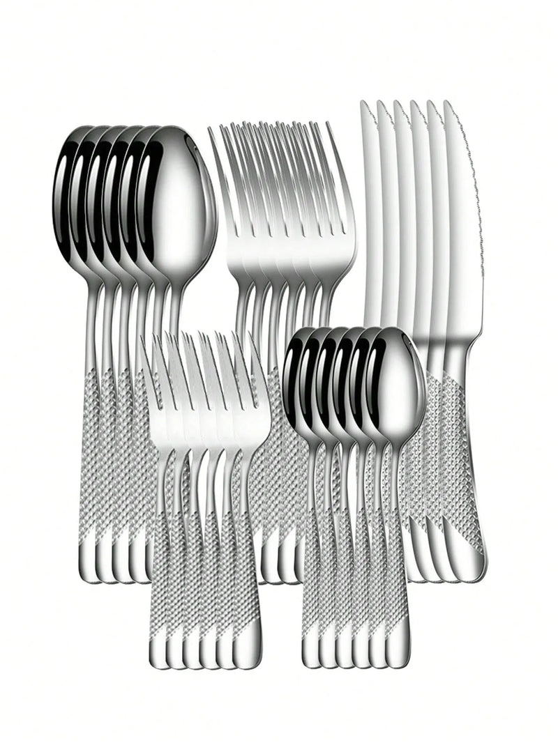 Axyaa Stainless Steel Silver High-End Star Diamond 30pc Tableware Set for Luxury Dining