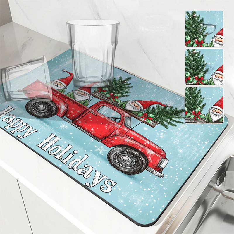 Axyaa Christmas Dish Drying Mat - Heat Resistant Non-slip Kitchen Counter Pad