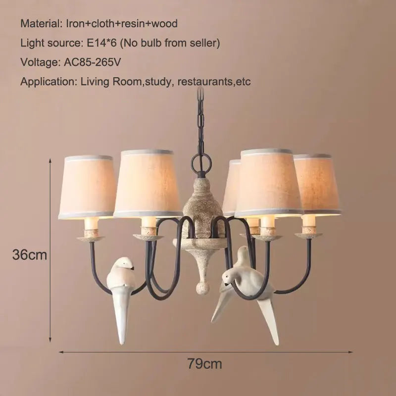 Axyaa Wooden Chandelier Bird Light Fabric Nordic Style E14 for Living Room