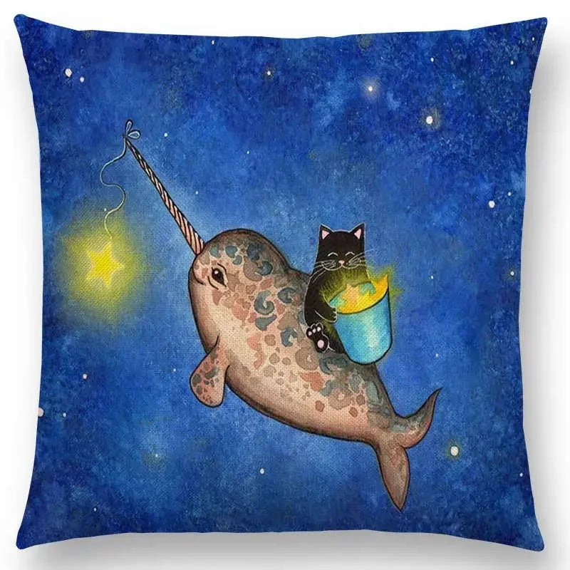 Cute Cat Moon Night Wonderland Witch Halloween Dance Pillow Cover by Axyaa