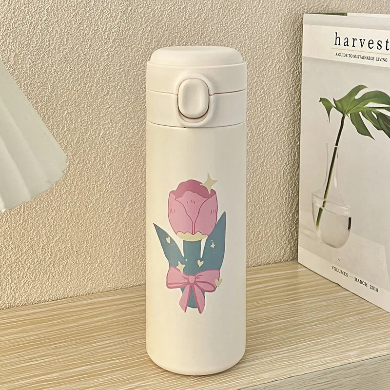 Axyaa Cartoon Tulip Thermos Cup with Straw, Leak-Proof Travel Water Bottle