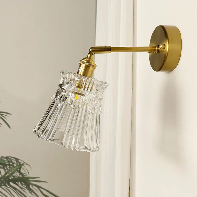 Axyaa Glass Shade Brass Wall Sconce Lamp - Modern Luxury Mirrored Bedside Light