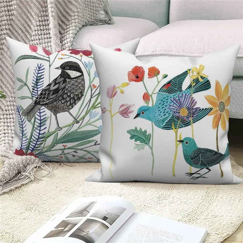Axyaa Bird Flower Painting Pillow Cover
