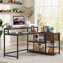 Axyaa Industrial L-Shaped Desk with Drawer, Shelves, Monitor Stand - Home Office Corner Table
