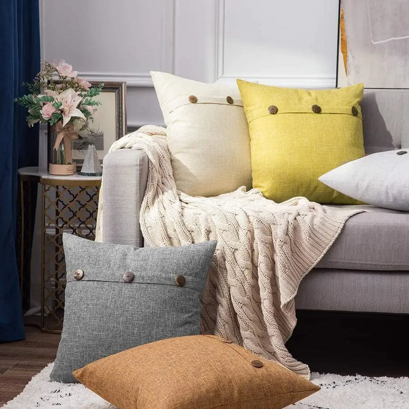 Axyaa Nordic Linen Button Pillow Cover for Living Room Sofa - 45x45cm