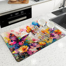 Axyaa Watercolor Flowers Butterflies Absorbent Non-Slip Drying Mat for Kitchen Counter