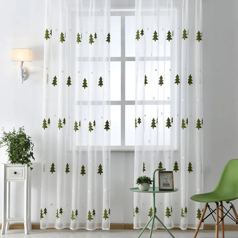 Axyaa Christmas Tree Sheer Tulle Voile Drapes Embroidered Window Screen × 1