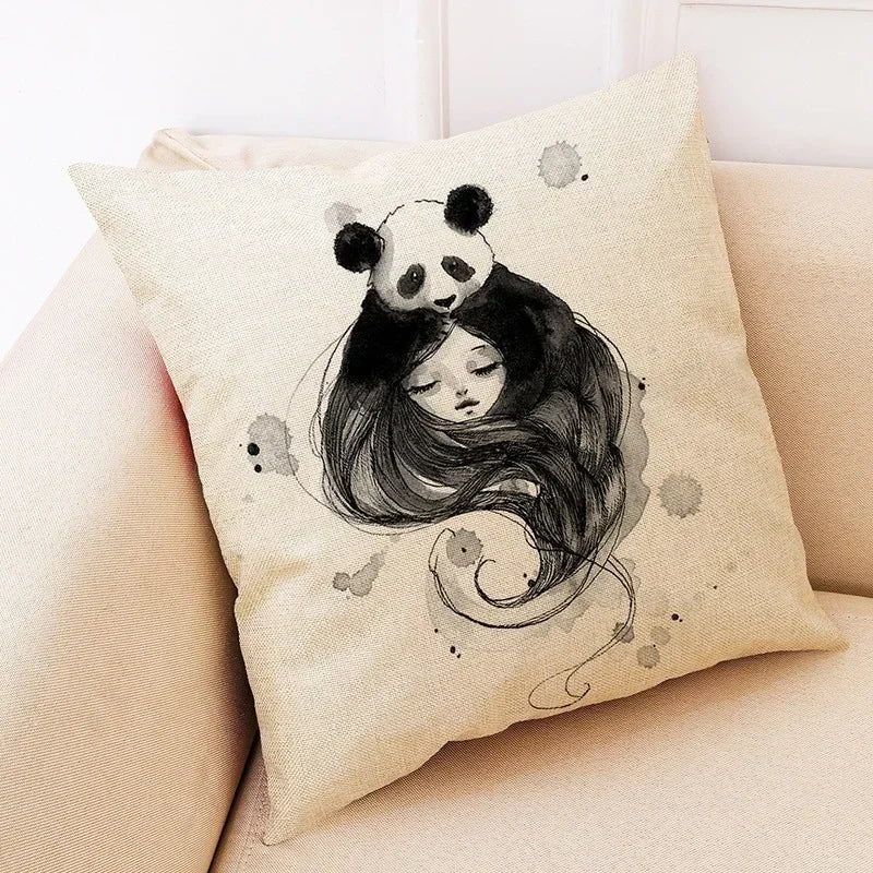 Axyaa Panda Linen Pillowcase 45*45cm - Office Sofa Decor Sans Car Cushion Cover
