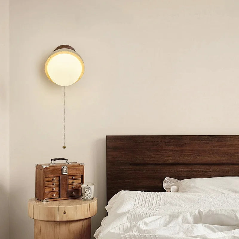 Axyaa White Glass LED Wall Lamps Pull Chain Yellow Travertine Modern Nordic Light