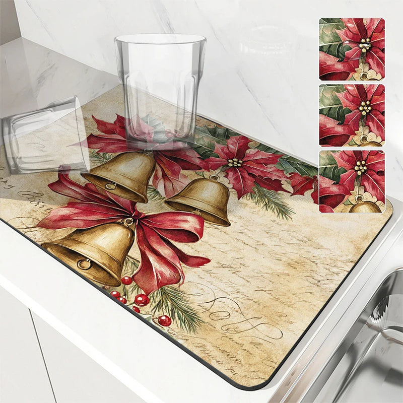 Axyaa Retro Style Christmas Bells & Bows Kitchen Drying Mat