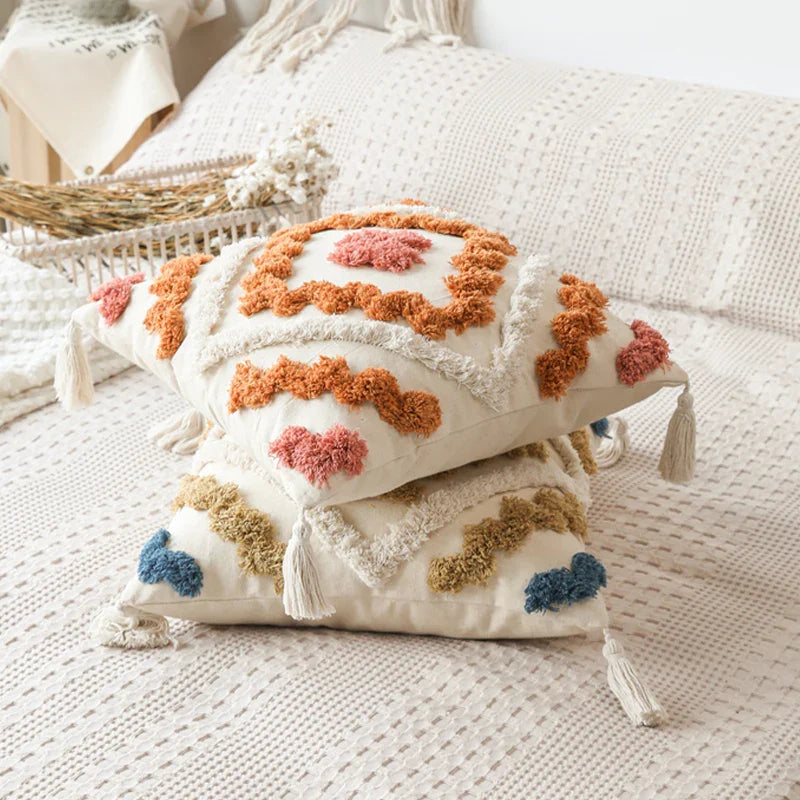 Axyaa Tufted Tassel Boho Cushion Cover in Warm Colors