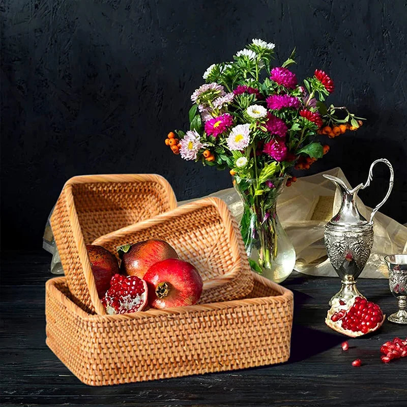 Axya Hand-Woven Rattan Wicker Basket, Multi-Purpose Storage Box for Kitchen and Home