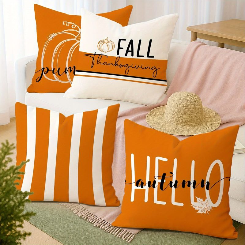 Velvet Fall Pillow Covers - Pumpkin, Maple Leaf & Striped Design, 45x45cm, Axyaa Brand