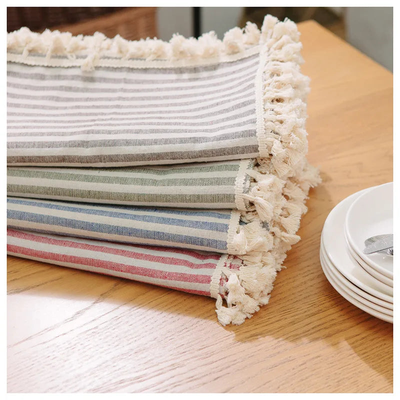 Axya Striped Cotton Linen Tablecloth with Tassels - Quality Dining Table Cover