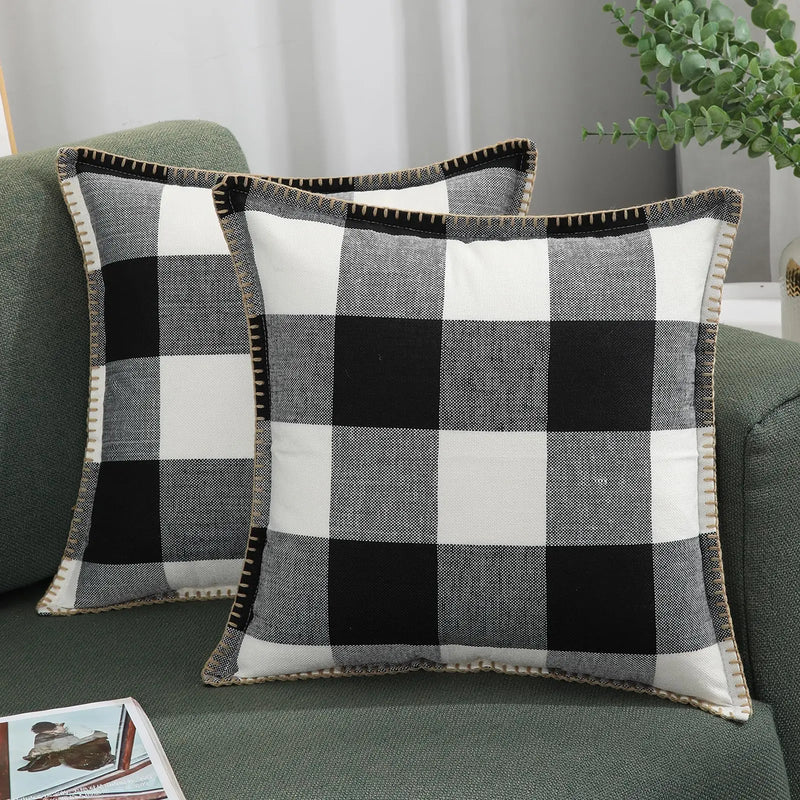 Axyaa Plaid Throw Pillow Covers 16x16in Set of 2 - Luxury Soft Home Decor Cushion Cases