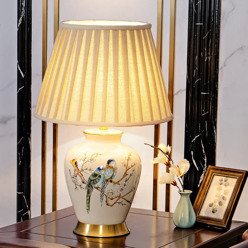 Axyaa Retro Flower Bird Ceramic Table Lamp Bedroom Living Room Study New Chinese Style