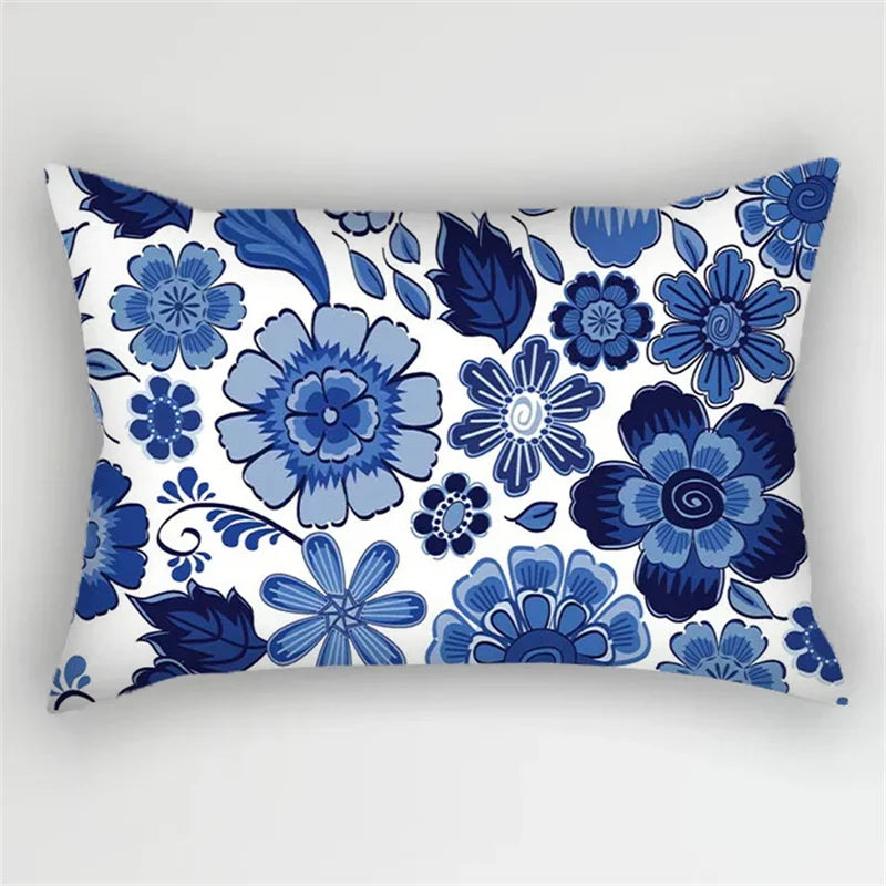 Bohemian Blue Flower Pillowcase with Vintage Ink Plant Leaf Design, by Axyaa