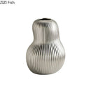 Axyaa Matte Silver Ceramic Striped Vase Room Decoration Artificial Flowers Bouquet