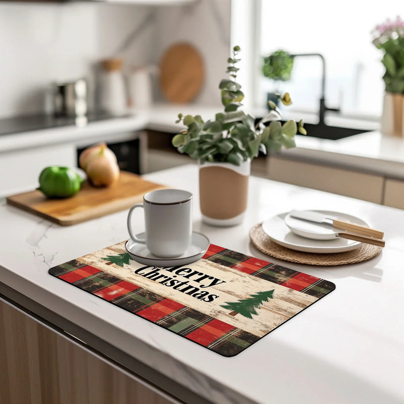Axyaa Christmas Plaid Kitchen Antiskid Drying Mat | Quick Dry Bathroom Drain Pad