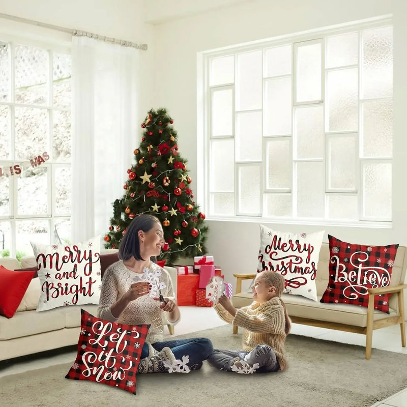 Axyaa Christmas Pillow Covers Set of 4 Buffalo Plaid Black Red 18x18 Inch