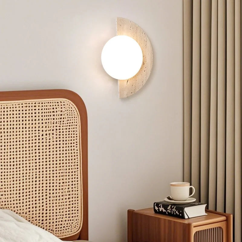Axyaa White Glass Ball LED Wall Sconce Yellow Travertine Nordic Modern Stair Light