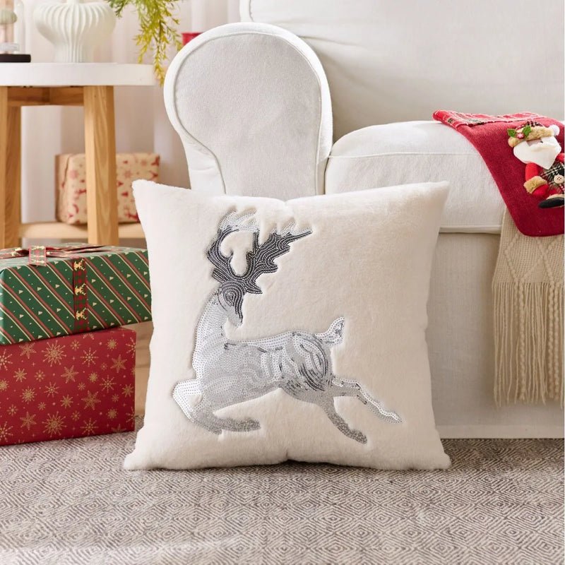 Axyaa Christmas Deer Star Pillow Cover - Cozy Soft Plush Striped 45x45cm
