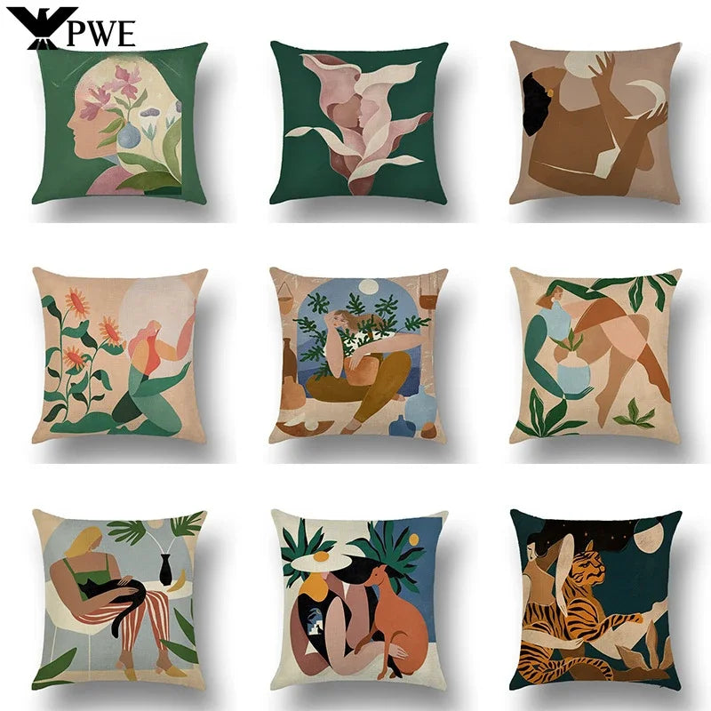 Abstract Portrait Painting Linen Sofa Pillow Case Set by Axyaa Art Decor